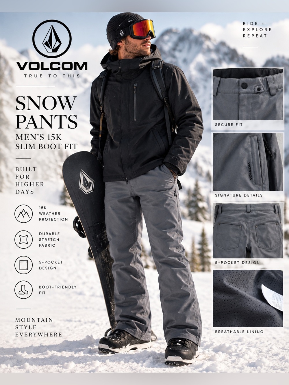 Volcom Snowboard Pants Mens Small Gray
5-Pocket Slim Boot 15K Ski Snow